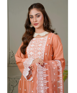 Peach Embroidered Cotton Kurti Set
