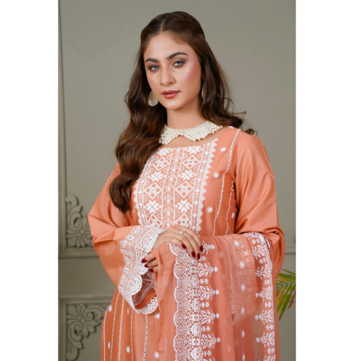 Peach Embroidered Cotton Kurti Set